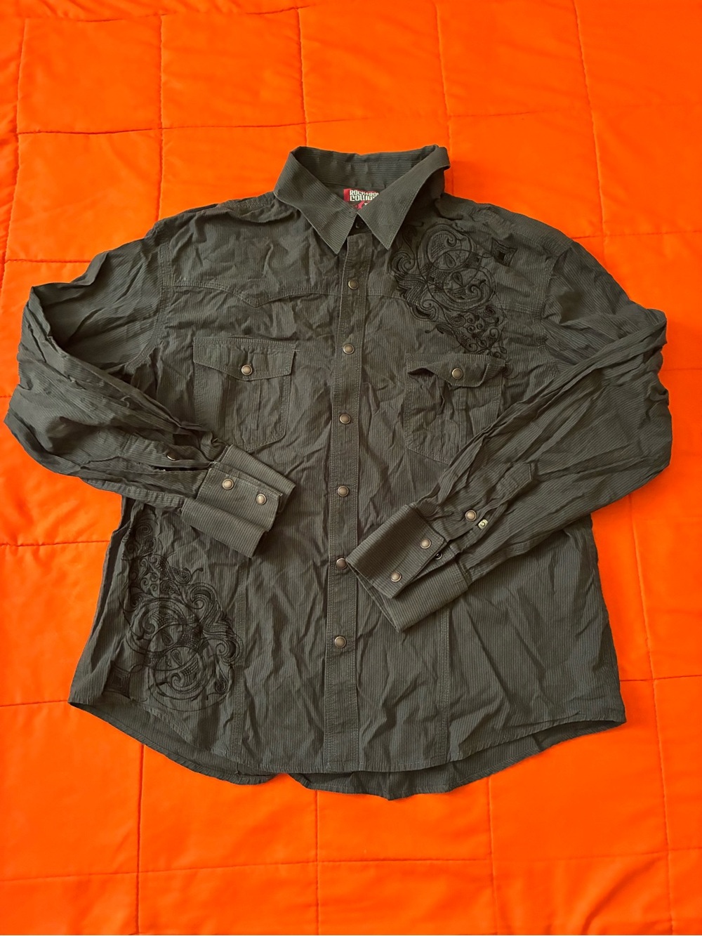 Rock & Roll Cowboy Shirt Mens XL Black Embroidered Long Sleeve Western